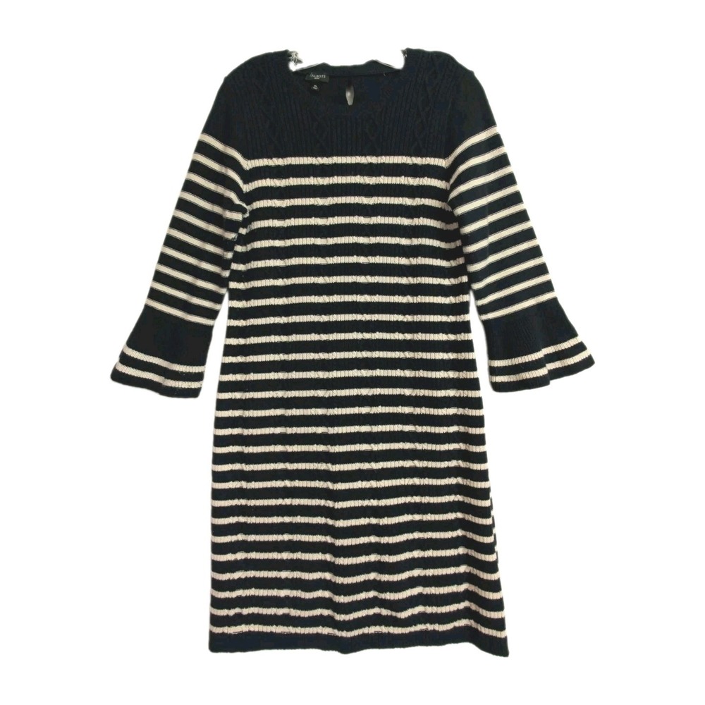 Talbots Cable Knit Sweater Dress Womens M Petite Blue White Stripe Bell Sleeve